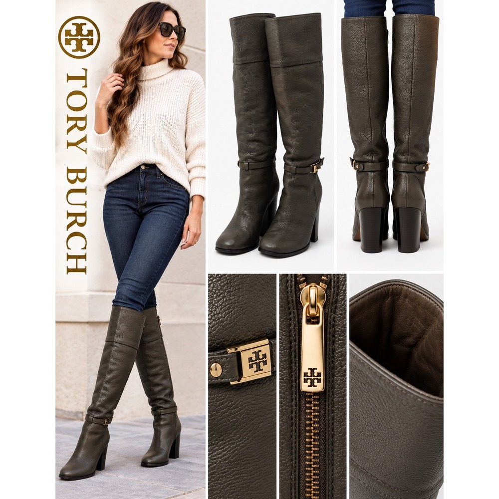 Tory Burch 9M Taupe Pebbled Leather Knee High Boots‎ Gold Logo Block Heel